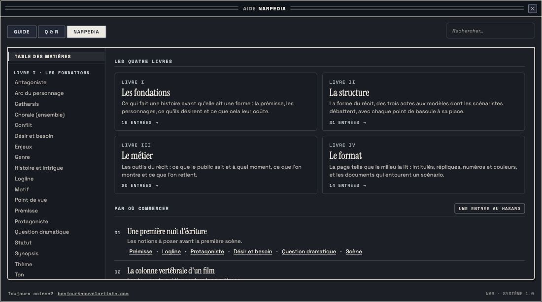 Bibliothèque Narpedia : quatre livres, un parcours de lecture et le sommaire des notions de scénarisation